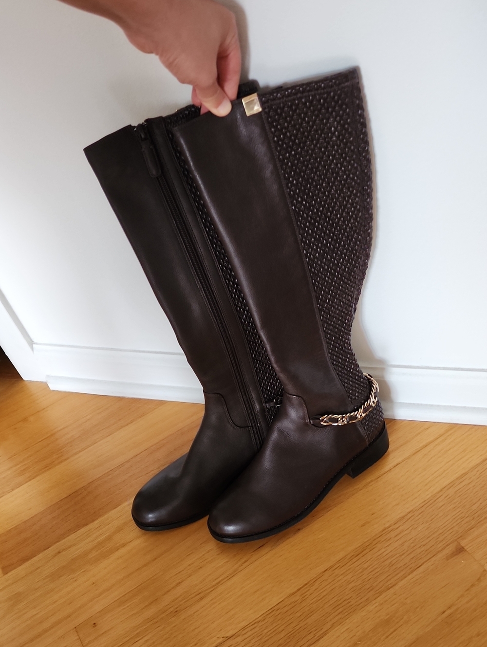 Cole Haan Dark Brown Leather Riding Boots with Gold Chain
